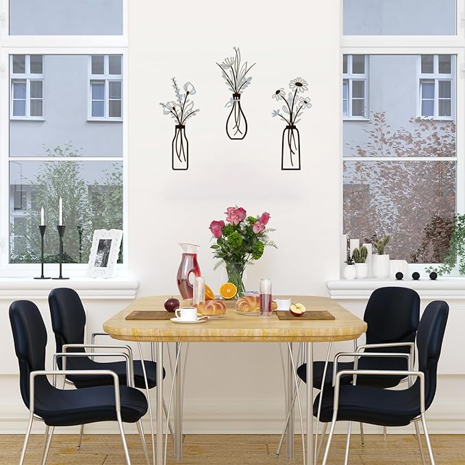 3 Pieces Metal Vase Flowers Wall Arts - Rustic Farmhouse Style Décor Metal Wall Art Black Minimalist Flower Natural Themed Wall Decors for Home Bedroom Dining Room Housewarming (Brown-Blue, Vase-C)
