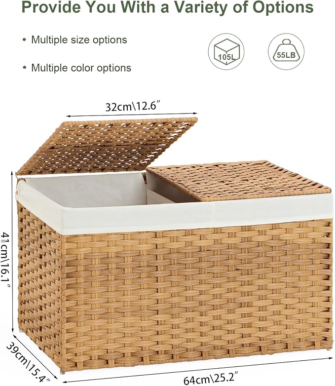 SETVSON Storage Basket with Lid, 2-Lid PE Rattan Storage Bin, Natural | 105L Storage Bin with 2 Separate Lids, 2 Removable Liners for Clothes & Blankets, Sturdy Metal Frame, PE Rattan