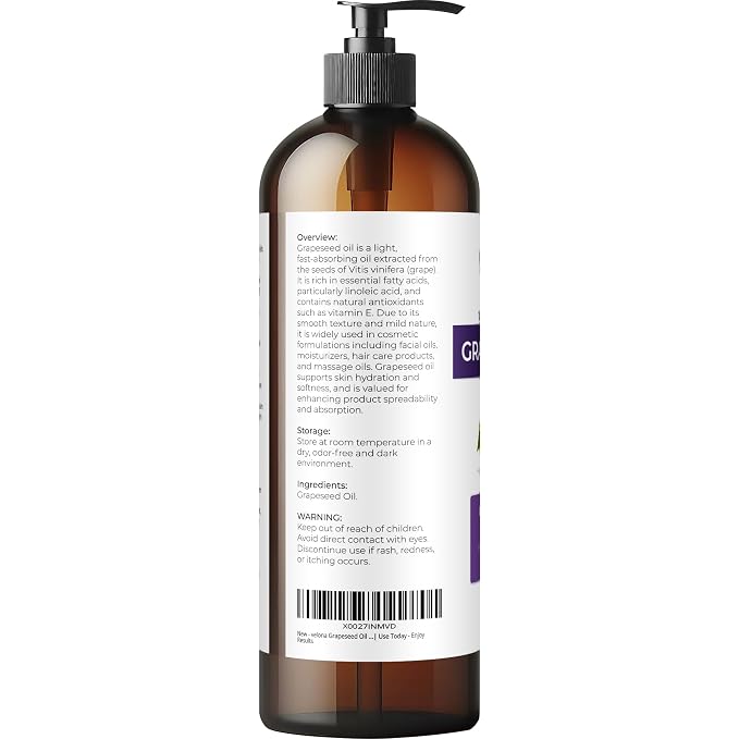 velona Grapeseed Oil 16 fl oz | 100% Pure and Natural Carrier Oil | Refined | Skin, Face, Body, Hair Care | Use Today - Enjoy Results