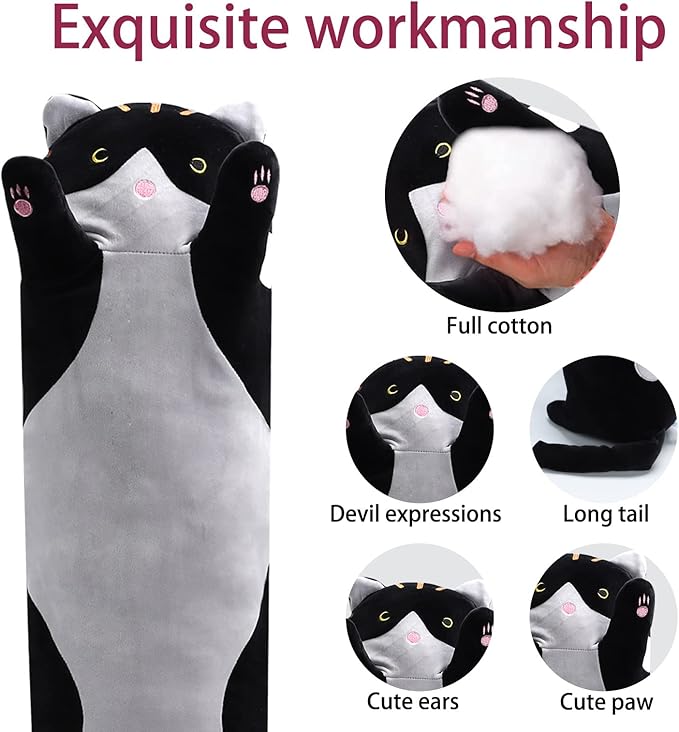 shangman Lovely Plush Cat Doll - Cute Cartoon Soft Stuffed Kitten Pillow, Long Throw Sleeping Pillow, Valentine’s Day Gift for Kids & Girlfriend (Black, 70cm/27.5in)