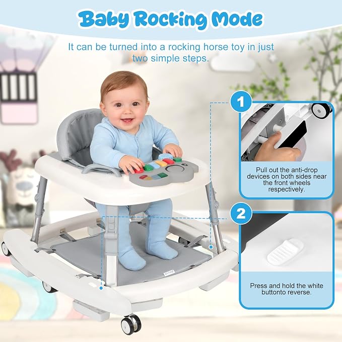 5-in-1 Baby Walker for Boys and Girls Music and Lights 6-18 Month, Foldable Baby Walkers with 5 Adjustable Heights, Infant Toddler Walker with Wheels and Bouncer Combo Portable (White)