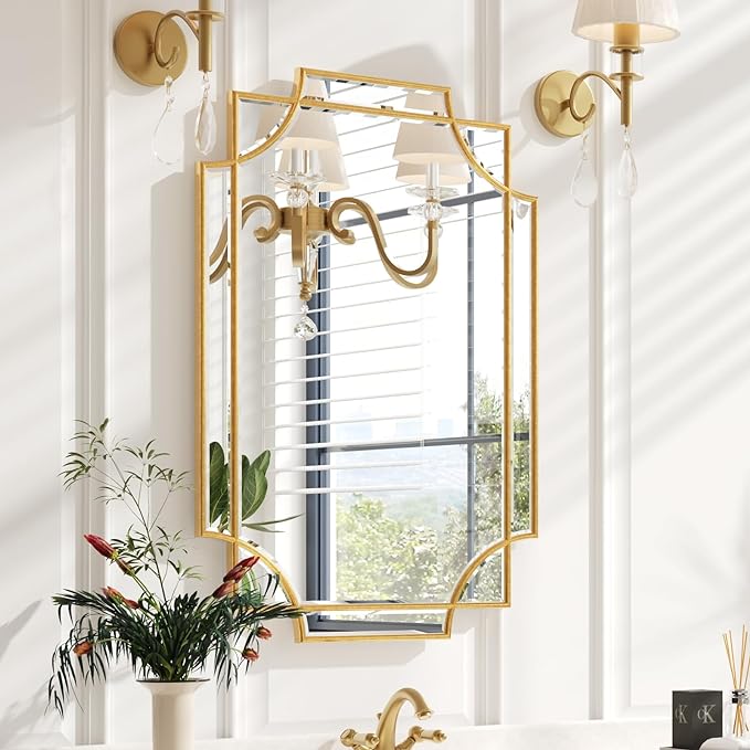 Kelly Miller 20"x30" Gold Foil Scalloped Edge Decorative Vanity Wall Mirror | Hand-Applied Gold Foil Finish. HD Mirror With French Cleat. Elegant Beveled Wall Mirror Decor For Bathroom Bedroom Entryway.