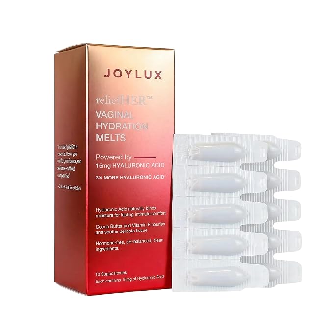 Joylux reliefHER Hydration Melts, Moisturizing Vaginal Suppositories with 15mg Hyaluronic Acid (3X More HA), Non-Hormonal, Supports Intimate Hydration, 10 Melts