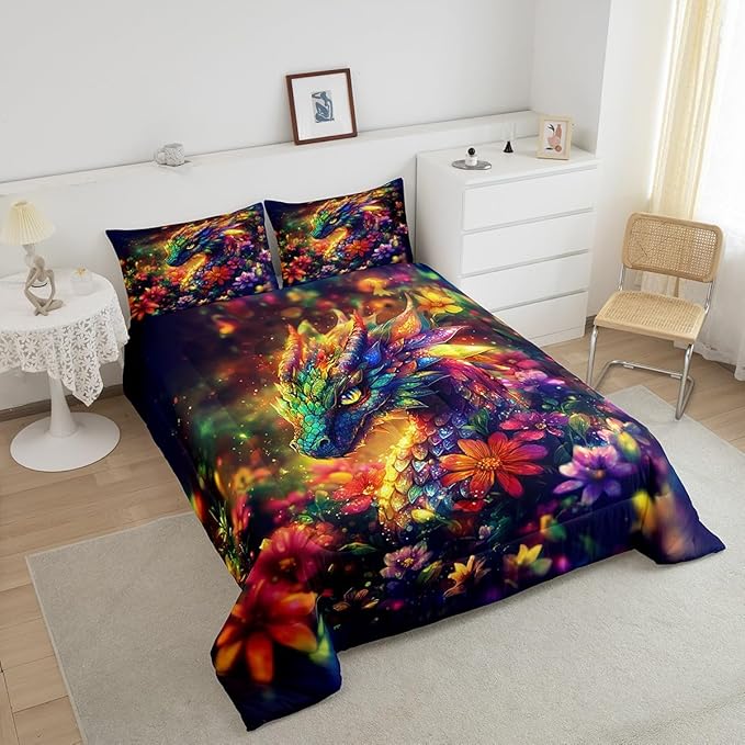 Feelyou Dragon Comforter Set King Size Shiny Dragon Comforter for Boys Girls Teens Wild Life Bedding Set Dragon Decor Duvet Set Room Decor Muticolor Quilt Set