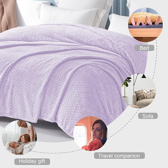 Exclusivo Mezcla Soft Fleece Bed Blanket Queen Size, 90”x90”, Lilac Purple | Cozy Fluffy Lightweight Blankets for Summer, Decorative Plush Flannel Throws for Living room, Bedroom with Leaves Pattern