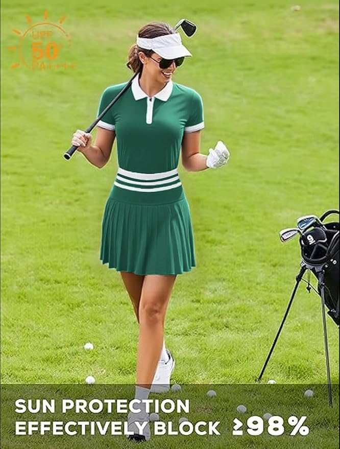 Tennis Skirt Sets for Women Zipper Color Block High Waisted Golf Polo Two Piece Skirt Set Women 2 Piece Outfits