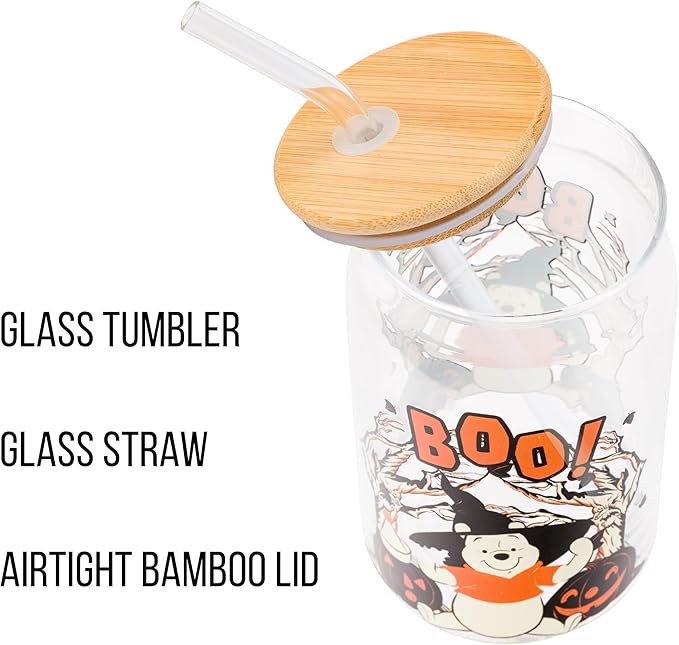 Silver Buffalo Disney Winnie the Pooh Halloween Spooky Boo Witch Hat Jack-o-Lantern Glass Jar Tumbler with Bamboo Lid and Glass Straw, 16 Ounces