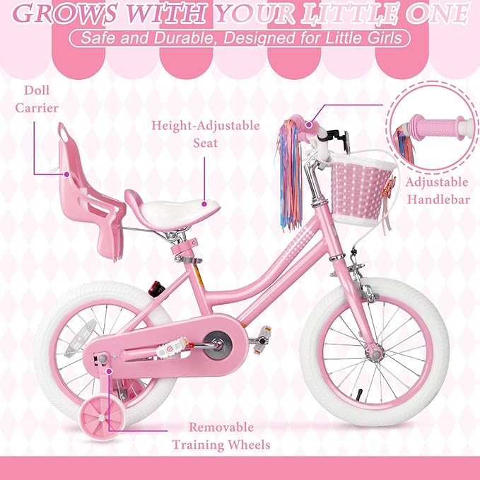 KORIMEFA Girls Bike for Ages 2-8 Years Toddler Kids with Doll Seat, 12 14 16 Inch Bicycle with Training Wheels, Little Small Princess Bicycle with Basket& Streamers, Girls Pedal Bike