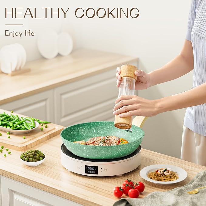 Innerwell Nonstick 9.5 Inch Skillet, Aluminum, Non-Toxic, PTFE & PFOA Free, Suitable for All Stovetops, Easy to Clean, Multipurpose | Even Heating All Stove Compatible, PFOA PFOS Free, Granite Stone Cookware Skillet, Healthy and Non Toxic, Green