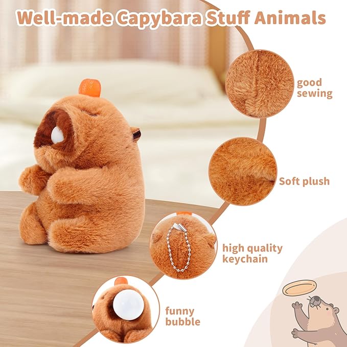 Cute Capybara Plush Toy with Bubble Capibara Stuffed Animal for Back to School Gifts, Keychain & Backpack Charm, Desk Decor, Birthday Party Favor, Stress Relief Toys for Kids Aduts (Style A)