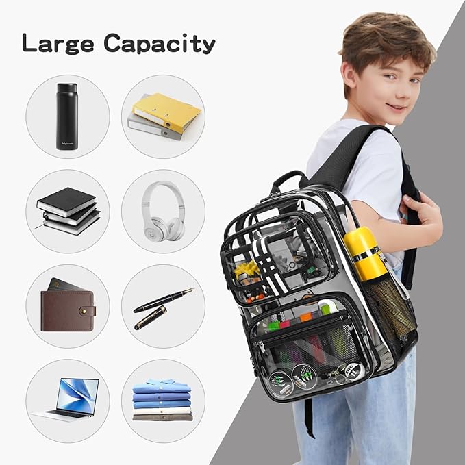 Cusangel Clear Backpack for kids,16in Heavy Duty Clear BookBag,TPU Large Capacity Black See Through bookbag for Stadiums,Concerts,Plastic transparente para mujer for 8Age+