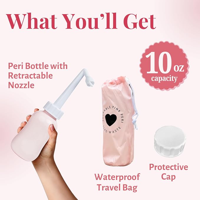 Adorable Pink Peri - Peri Bottle After Birth Care for Postpartum Essentials Feminine Pink Portable Bidet Water Squeeze Spray Bottle for Pain Relief tears Hemorrhoids with Bottle Cap 300 ml (10 oz)