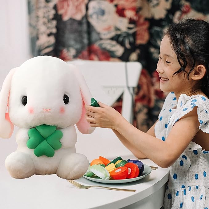 HOUPU Soft Toy - Sitting Lop Eared Rabbit, Easter White Rabbit Stuffed Bunny Animal with Carrot Soft Lovely Realistic Long-Eared Standing Pink Plush Toys (White-Four Leaf,16.9in/43cm)