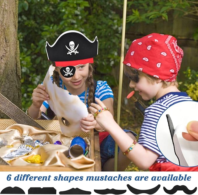 Halatool 6 Set Pirate Accessories for Kids, Include 6 Felt Pirates Hats with 6 Eye Patches and 6 Mustaches, Pirate Costume Accessories for Halloween, Masquerade, Cosplay, Party Favors Decor