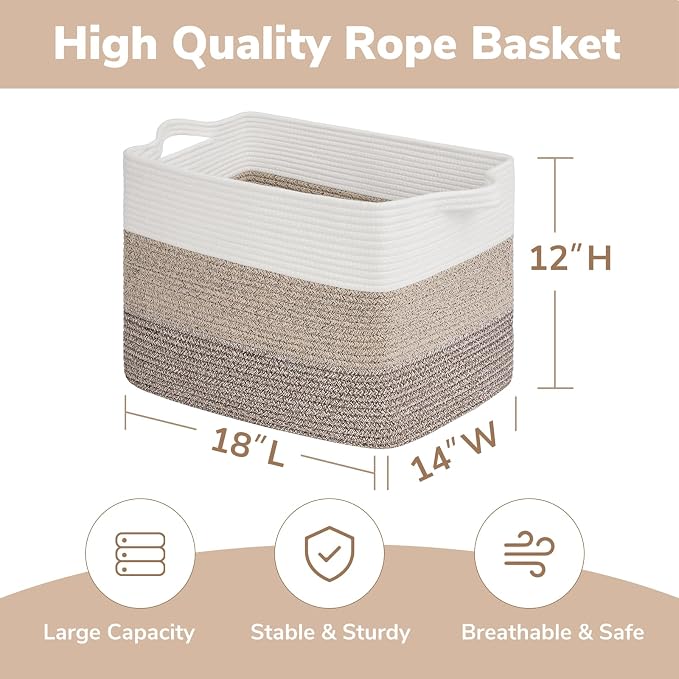 Goodpick 50L Large Woven Storage Basket, 18" x 14" x 12", Gradient Brown | Decorative Gift Basket for Nursery & Bedroom Organization, Cotton Rope Baskets for Blankets & Toys Storage, Built-In Handles