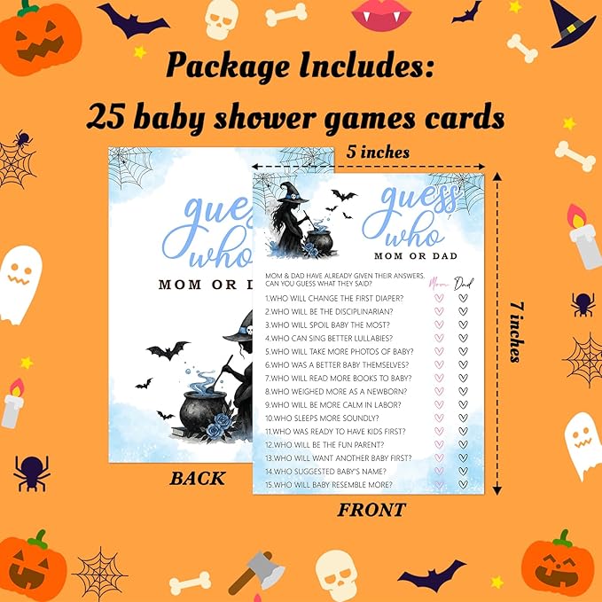 Hilarious Baby Shower Games, 25 Sets Halloween Who Mom or Dad, Blue Witch Gender Reveal Party Game Cards for Announcement Supplies - B01