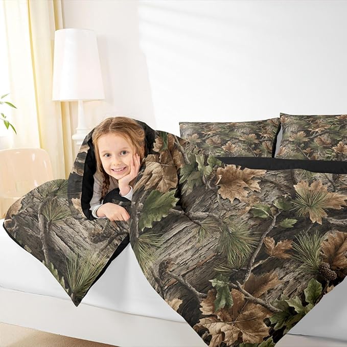 Erosebridal Camo Hunting Comforter Set Toddler Size Rustic Camouflage Bedding Set for Kids Boys Girls Woodland Cabin Tree Leaves Comforter Camping Farm House Quilt Bedroom Decor