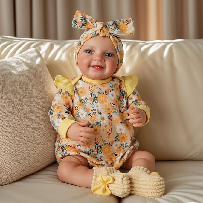BABESIDE 3 Pcs Reborn Baby Doll Clothes for 17-22 Inch Babydolls, Floral Pattern Doll Clothes Onesies with Shoes and Headband for Lifelike Reborn Baby Dolls Accessories, Yellow