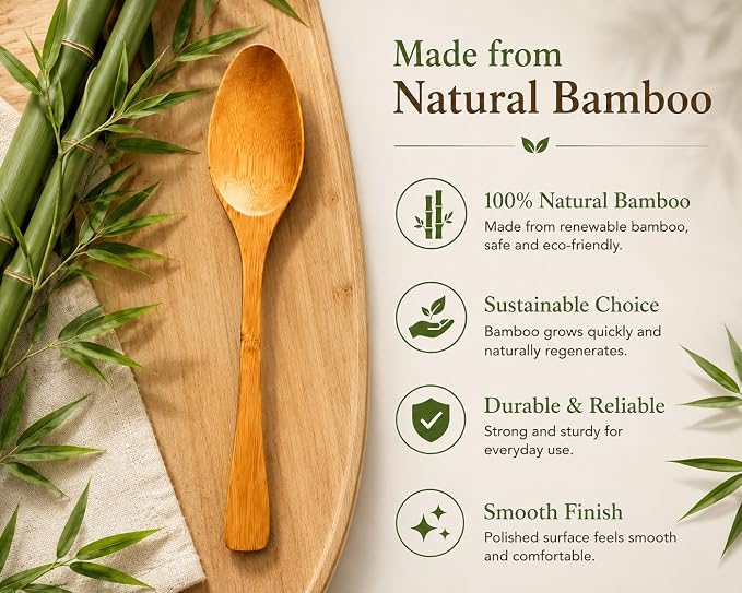 JapanBargain 4109, Set of 12 Long Bamboo Wood Soup Spoons, Eco Friendly Dinner Spoons, Korean Japanese Style Kitchen Utensil for Snacks, Fruit, Ice Cream, Yogurt, Cereal, 8.25-inch