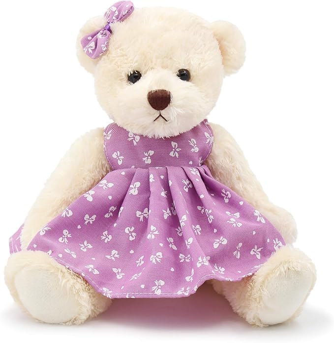 Small Baby Teddy Bear with Cloth Cute Stuffed Animal Soft Plush Toy 10" (Polka dot Purple Dress)