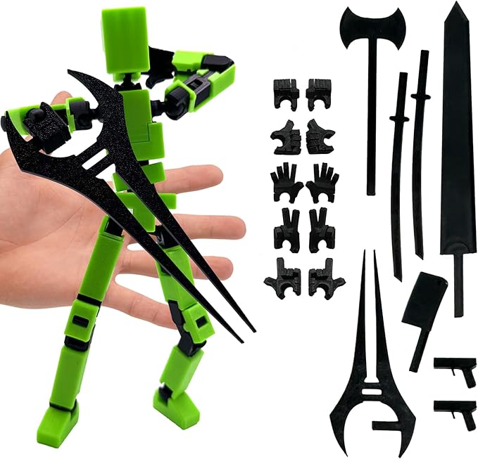 (Assembly Completed) 3D Printed Enlarge Body Size 8.13-inch Action Figure Lucky20, Full Body Mechanical Movable Toy, Multiple Accessories, Desk Decoration (Green)