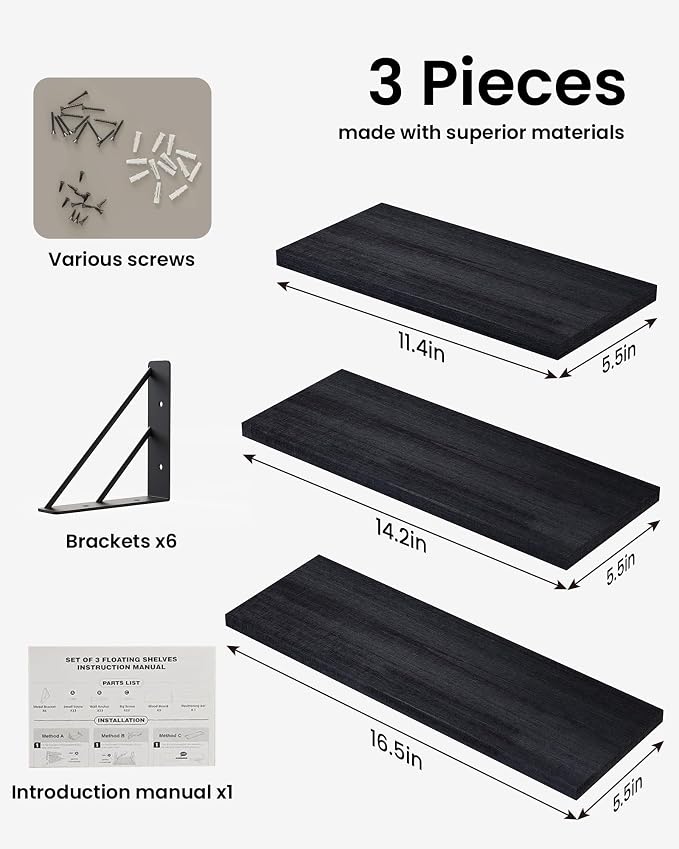 BAYKA Wall Mounted Floating Bathroom Shelves, Wood Floating Wall Shelf for Bathroom Essentials & Decor, Small Space-Saving Display & Organizer（Black，Set of 3）