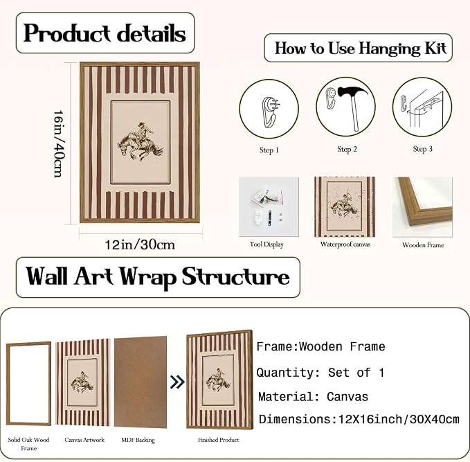 Vintage Western Cowboy Wall Art Retro Striped Cowboy Rodeo Wall Decor Paintings, Southwestern Country Horse Poster Canvas Prints for Bedroom Farmhouse Living Room 12x16 inch Framed