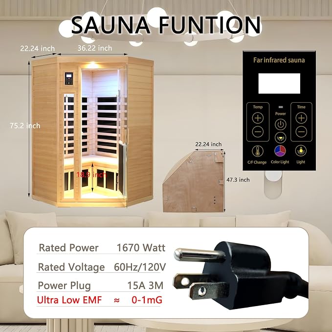 LTCCDSS 2-3 Person Corner Sauna, 8 Ultra Low EMF (0-5mG) Heaters, 1670W Hemlock Infrared Sauna, 1 Outdoor Lamp, 3 Color Lamps, 2 Read Lamps, 2 Bluetooth Speakers