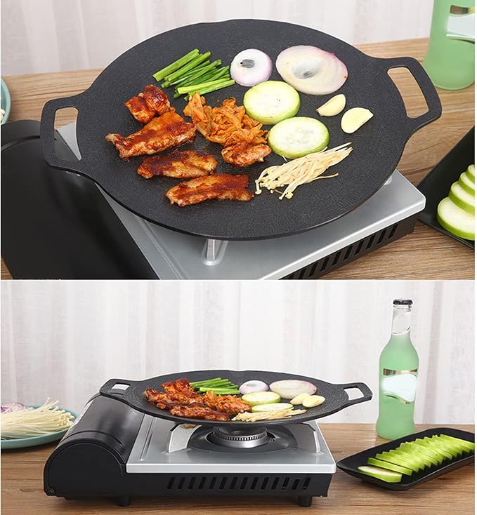VBESTLIFE Korean Grill Pan, Double Handle Non Stick 6 Layer Coating Aluminum Alloy Gas Cooker Round BBQ Griddle for Outdoor Camping