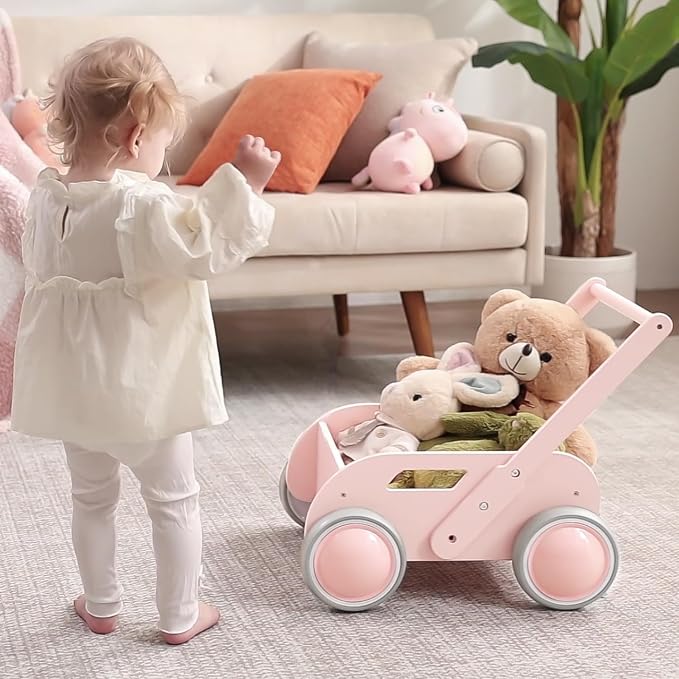 HOMEKOL Wooden Baby Push Walker, Pink | Adjustable Height, with Rubber Wheels, for Boys and Girls, Gift for Birthday, Christmas and New Year