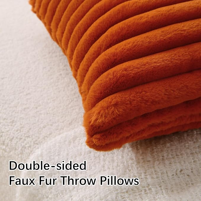 Decorative Throw Pillow with Inserts, Set of 2 Soft Faux Fur Throw Pillows, Square Boho Striped Pillow for Couch, Bed, Sofa Decor (Brownish-Orange, 18" x 18"(Pack of 2))