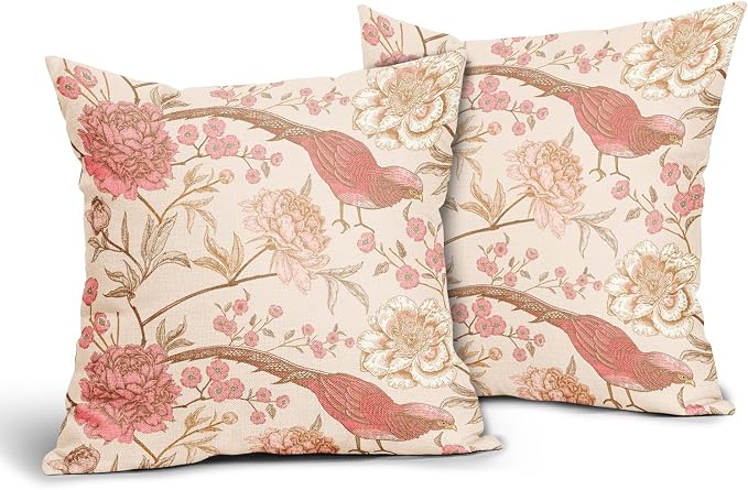Flowers Birds Pillow Covers 20X20 Inch Set of 2 Pink White Roses Floral Leaf Decorative Pillow Cases Art Retro Gold Cotton Linen Cushion Case Vintage Home Decor for Sofa Couch Porch Outdoor