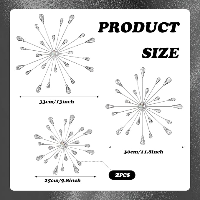 ZEXUIRU 4 Set Silver Starburst Wall Art for Home Decor Metal Bling Crystal Rhinestones Sunburst Wall Decor Sparkling Rhinestone Art Accent -Silver 13in/11.8in/9.8in/9.8in