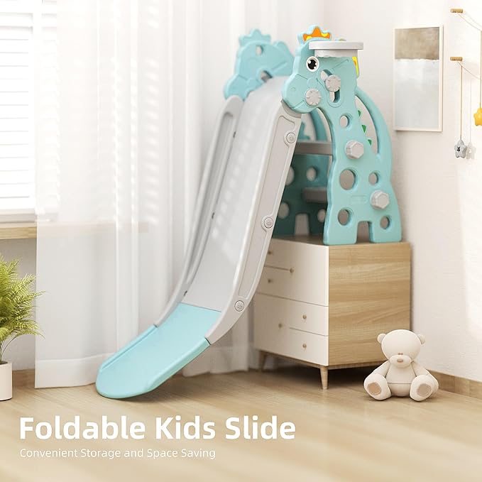 67i Toddler Slide for Indoor & Outdoor Play with Basketball Hoop, Anti-Slip Steps, 46.8in Baby Climber (Green)