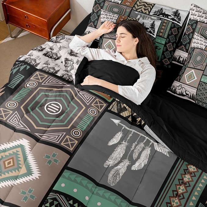Feelyou Rustic Bear King Comforter Set with Sheets for Kids Boys Girls Retro Bohemian 7 Pieces Bedding Set Farmhouse Cabin Hunting Deer Bed in a Bag Buffalo Plaid Room Decor Soft Microfiber
