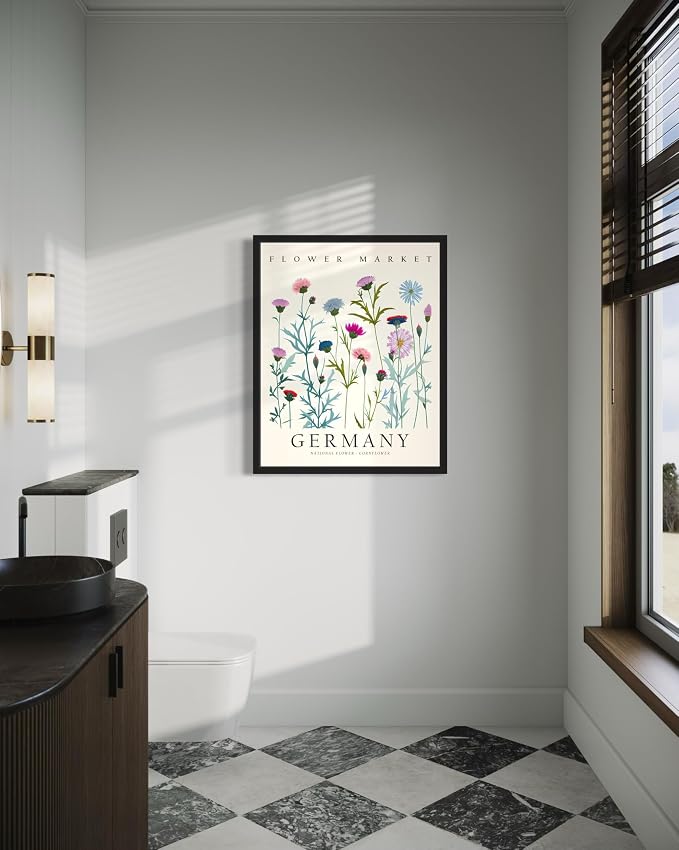 Germany, Cornflower Art Print Poster, Flower Market Wall Art, Floral Artwork Decor for Bedroom, Kitchen, Bathroom, Livingroom Decoration 52 (Germany, Cornflower, 14" L x 11" W, Black Frame)
