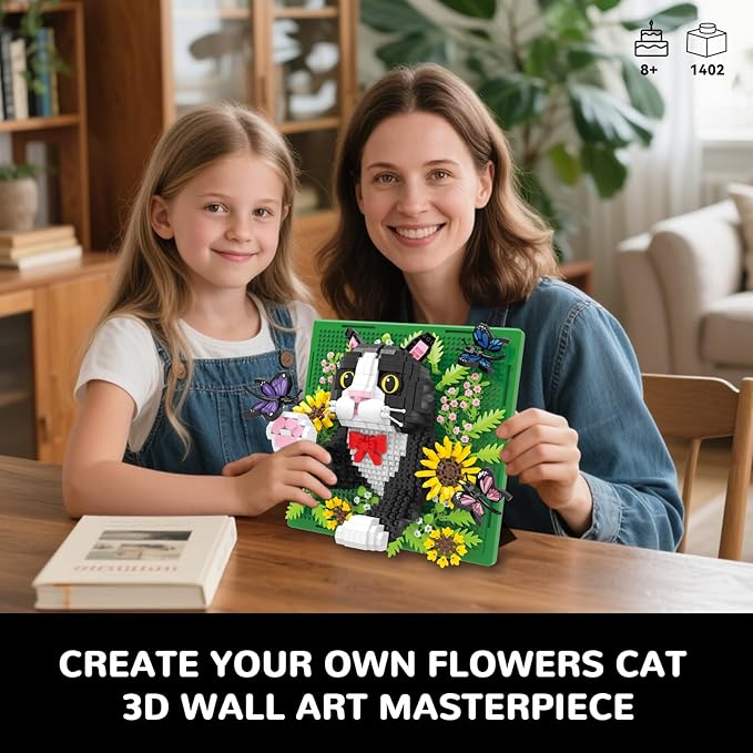 Flowers Cat Animal 3D Wall Art Micro Mini Building Blocks Set, Unique Home Wall Decor or Table Display, No Compatible with Lego Set, Ideal Gift Toy for Adults Boys Girls (1402 PCS)