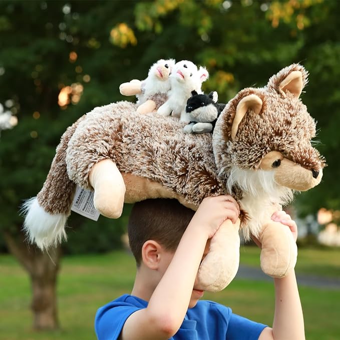 Tezituor 4Pcs Realistic Wolf Stuffed Animals Set, 20 Inch Large Mommy Stuffed Wolf Plush with 3 Baby Wolves Toy, Soft Gray Wolf Plush Pillow Gift for Boys Girls
