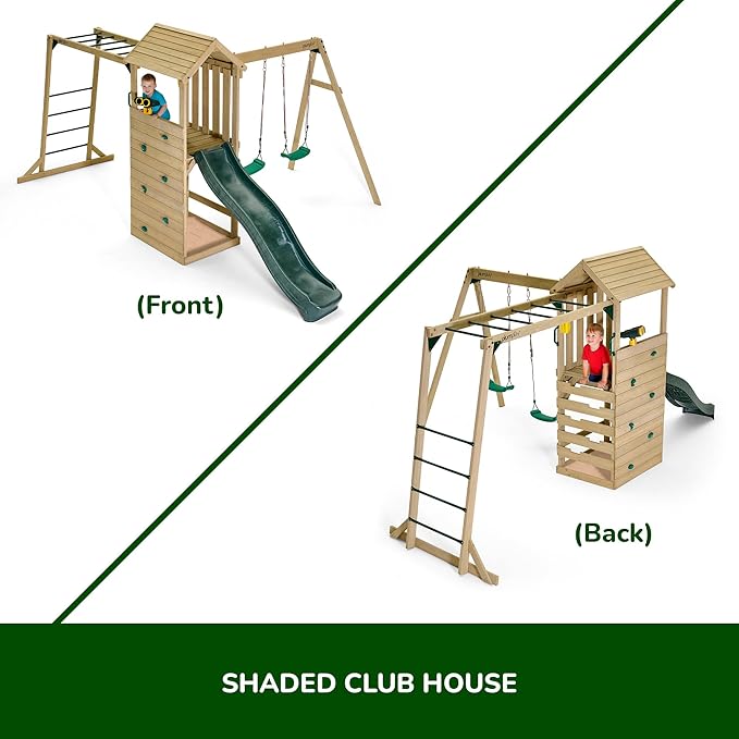 Plum Wooden Swing Sets for Backyard with Slide, Outdoor Toddler Playground Playsets, Monkey Bars, Jungle Gym for Kids, 2 Swings, Rock Climbing Wall, Telephone, Chalkboard, Sturdy, Weatherproof, Age 3+