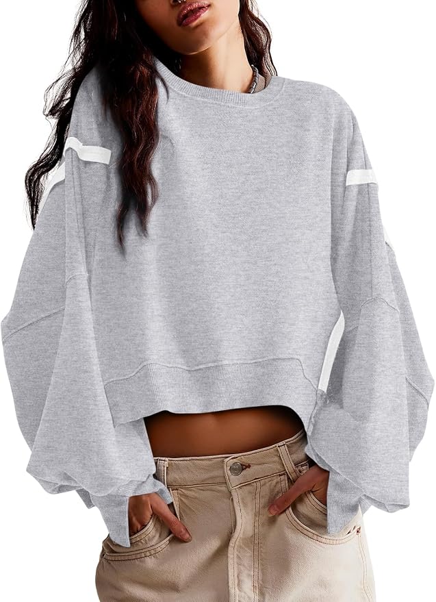 Zwurew Womens Casual Sweatshirt Cropped Shirts | Loose Fit, Tee Top, Pullover, Crop Hem, Design Trim, Daily Tops