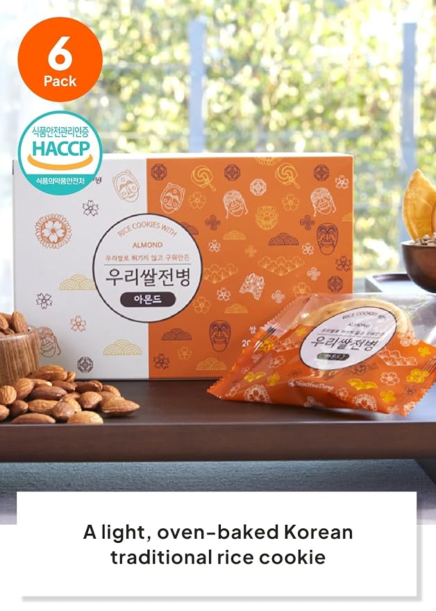 Korean Food Shinwhadang Rice Wafer Snacks, Almond Flavor, Crispy, 6Pk 9.6oz | Oven-baked Korean rice crackers with almond flavor and a light, crispy texture