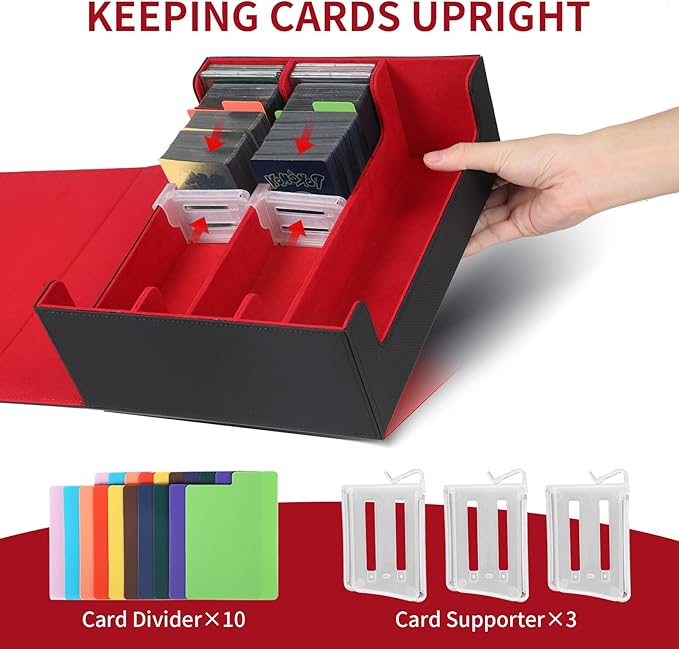 STYLIFING Card Deck Case for Trading Cards, 1800+ MTG Deck Box with Card Supporters & Divider Tabs, Trading Card Storage Box Fits For for YuGiOh, MTG, TCG and Sport Cards (Black & Red)
