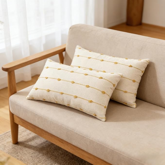 JMGBird Rectangle Throw Pillow Inserts Decorative Pillows, Inserts & Covers | 12x20 Inch Decorative Throw Pillows Set of 2, Yellow Flower Stripes - Lumbar Pillows with Inserts for Indoor Home Decor