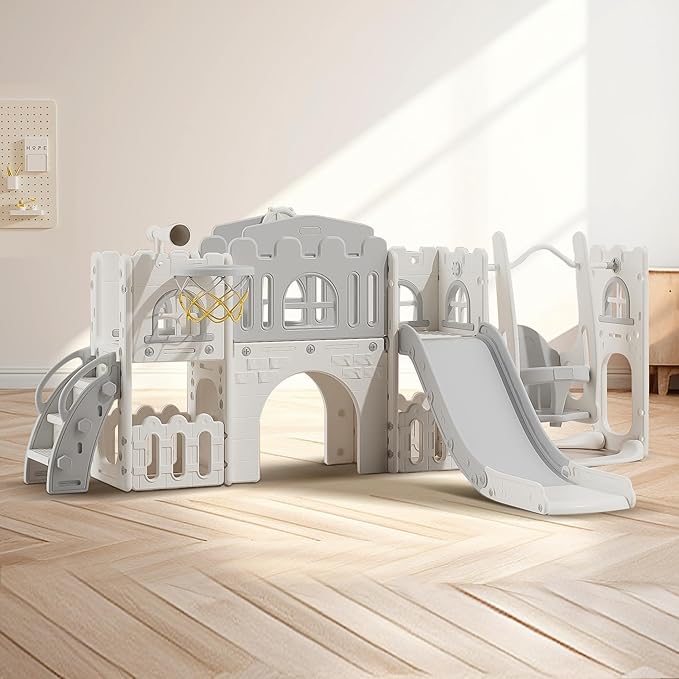 10 in 1 Toddler Slide Age 1-3 with Swing Basketball Hoop and Telescope Indoor Outdoor Slide Playset Toddler Playground (Grey)