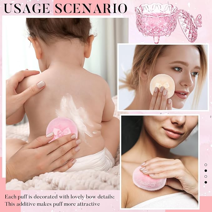 Tioncy 3 Pcs Large Body Powder Puff and Container Valentine's Day gift Powder Container with Puff Crystal Case Soft Washable Reusable Velour Face Body Glitter Wet Dry Makeup(Butterfly,Pink)