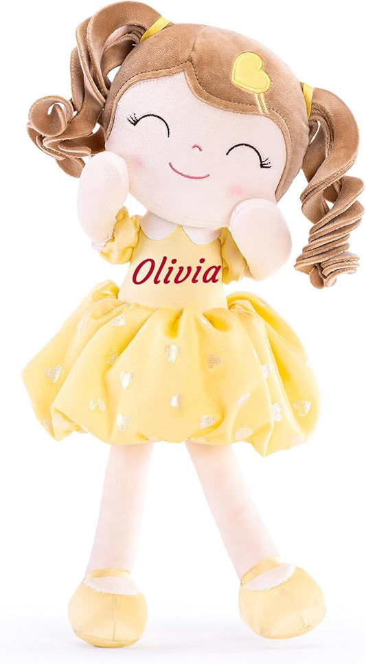 Gloveleya Personalized Yellow Heart Girl Doll – Custom Name Plush Baby Doll Gift with Gift Box, Soft Huggable Rag Doll for Toddlers & Kids, Birthday Present, Baby Shower Keepsake, 16 Inch