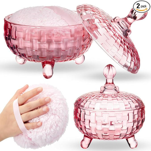 Tioncy 2 Pcs Extra Large Dusting Powder Puff and Container for Women-6'' Glass Crystal Dusting Powder Container with Body Soft Washable Reusable Velour Face(Pink,Weave Design)