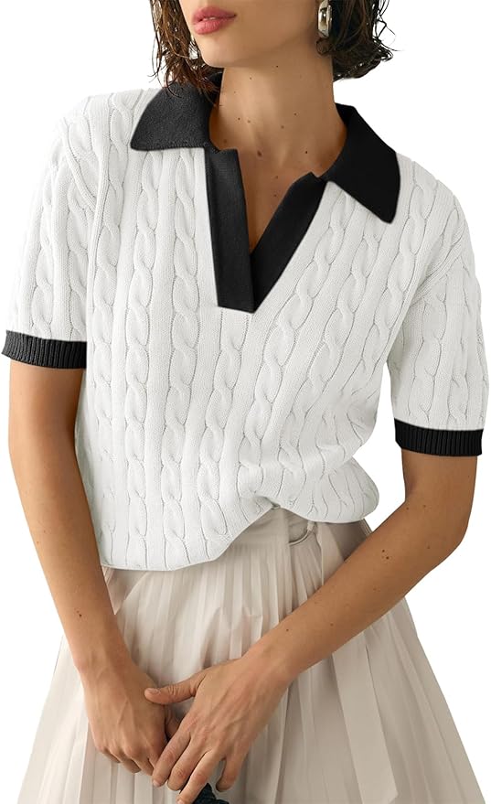 Imily Bela Womens Cable Short Sleeve Sweaters Tops Lapel V Neck Knit Shirt | Solid,Knit Casual,Soft Pullover,Fall Sweaters,Womens Summer Work Tops