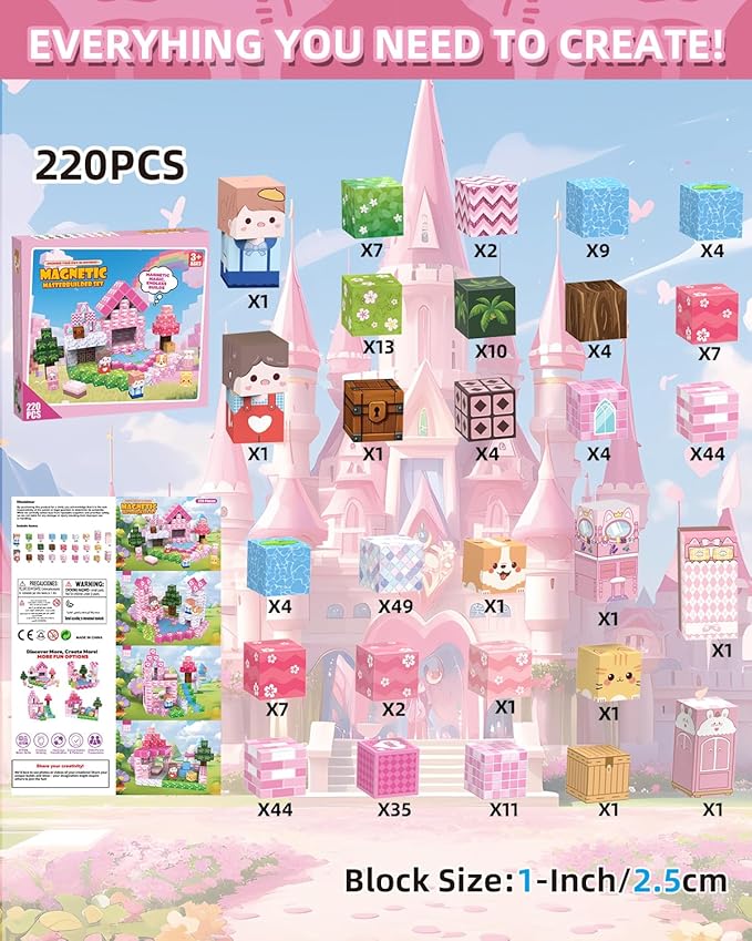 Magnetic Blocks Large 1 Inch 220 PCS, Super Strong Magnets, Magnetic Building Cubes for Girls, Pink Dream House STEM Educational Construction Kit for Kids Ages 3-5, 4-8, 8-12 | Ideal Gift
