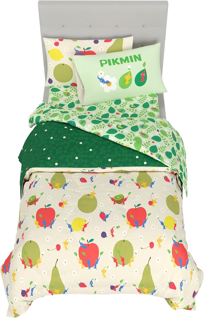 Nintendo Pikmin Video Game Kids Bedding Set, Twin Size 5 Piece Reversible Comforter and Sheet Set with Sham, (Officially Licensed Product) by Franco
